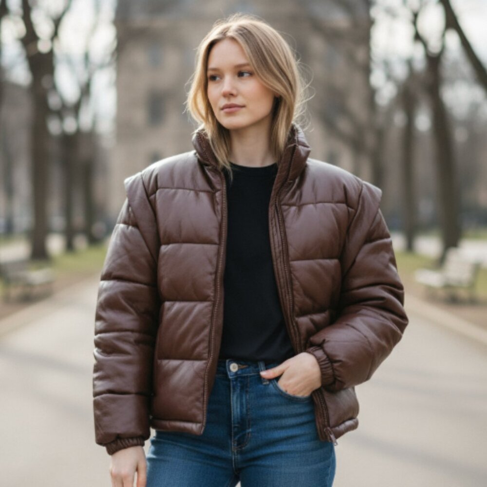 NWT We Wore What Snap-Off Sleeve Faux Leather Puffer Jacket Chocolate Brown XS